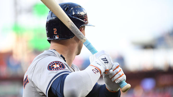 Aug 26, 2024; Philadelphia, Pennsylvania, USA; Houston Astros third base Alex Bregman (2) on deck against the Philadelphia Phillies at Citizens Bank Park.