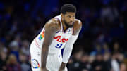 Mar 1, 2025; Philadelphia, Pennsylvania, USA; Philadelphia 76ers forward Paul George (8) looks on against the Golden State Warriors during the second quarter at Wells Fargo Center. 