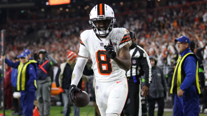 Dec 28, 2023; Cleveland, Ohio, USA; Cleveland Browns wide receiver Elijah Moore (8) celebrates after a touchdown during the first half against the New York Jets at Cleveland Browns Stadium.