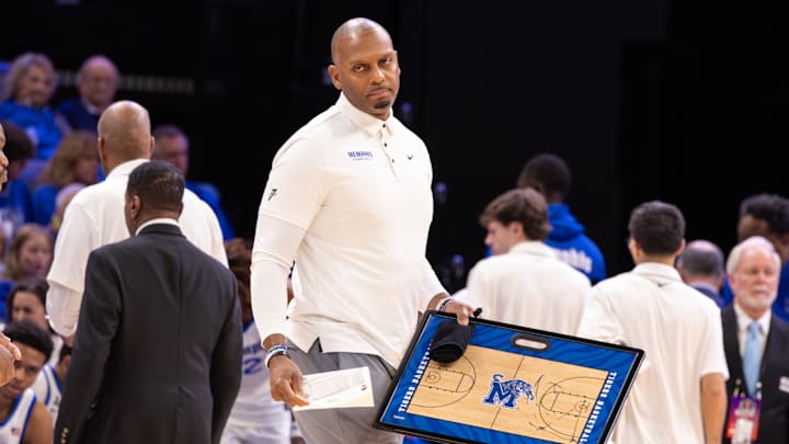 Feb 22, 2026; Memphis, Tennessee, USA; Memphis basketball Head Coach Penny Hardaway looks on during the first half against the UAB Blazers at FedExForum.