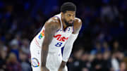 Mar 1, 2025; Philadelphia, Pennsylvania, USA; Philadelphia 76ers forward Paul George (8) looks on against the Golden State Warriors during the second quarter at Wells Fargo Center. Mandatory Credit: Bill Streicher-Imagn Images