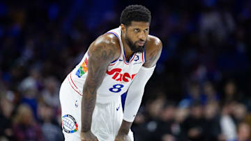 Mar 1, 2025; Philadelphia, Pennsylvania, USA; Philadelphia 76ers forward Paul George (8) looks on against the Golden State Warriors during the second quarter at Wells Fargo Center. Mandatory Credit: Bill Streicher-Imagn Images