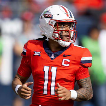 Oct 19, 2024; Tucson, Arizona, USA; Arizona Wildcats quarterback Noah Fifita (11) against the Colorado Buffalos at Arizona Stadium. Mandatory Credit: Mark J. Rebilas-Imagn Images