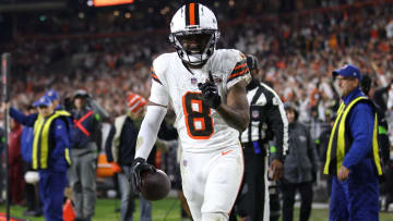 Dec 28, 2023; Cleveland, Ohio, USA; Cleveland Browns wide receiver Elijah Moore (8) celebrates after a touchdown during the first half against the New York Jets at Cleveland Browns Stadium. Mandatory Credit: Scott Galvin-USA TODAY Sports