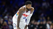  Philadelphia 76ers forward Paul George looks on against the Golden State Warriors during the second quarter at Wells Fargo Center. 