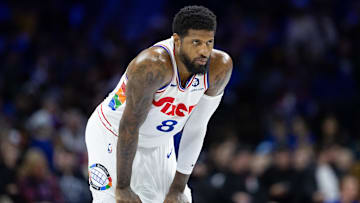  Philadelphia 76ers forward Paul George looks on against the Golden State Warriors during the second quarter at Wells Fargo Center. 