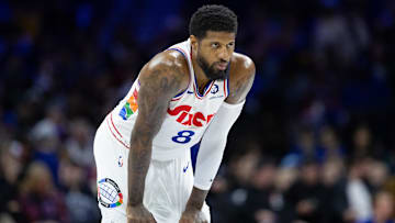 Mar 1, 2025; Philadelphia, Pennsylvania, USA; Philadelphia 76ers forward Paul George (8) looks on against the Golden State Warriors during the second quarter at Wells Fargo Center. Mandatory Credit: Bill Streicher-Imagn Images