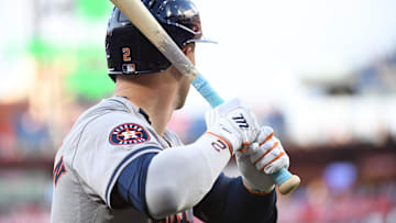 Aug 26, 2024; Philadelphia, Pennsylvania, USA; Houston Astros third base Alex Bregman (2) on deck against the Philadelphia Phillies at Citizens Bank Park.