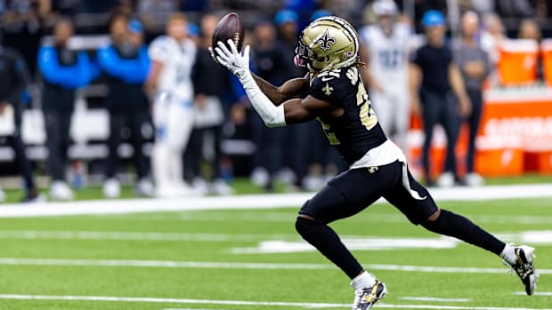 New Orleans Saints wide receiver Rashid Shaheed (22) catches a long scoring pass against the Carolina Panthers 