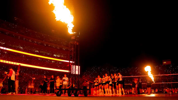 Pyrotechnics are used during a presentation after the Nebraska Cornhuskers defeated the Omaha Mavericks at Memorial Stadium.