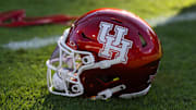 Detailed view of a Houston Cougars helmet at Mountain America Stadium.