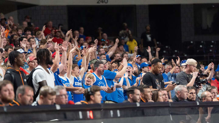 La Familia fans cheer on the team during their game against The Ville on Monday, July 29, 2024 at Freedom Hall in Louisville, Ky. during the quarter finals of The Basketball Tournament.