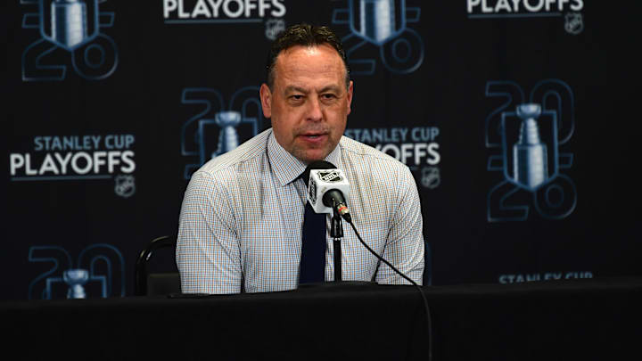 Apr 26, 2026; Boston, Massachusetts, USA; Boston Bruins head coach Marco Sturm talks to the media after losing to the Buffalo Sabres in game four of the first round of the 2026 Stanley Cup Playoffs at TD Garden. Mandatory Credit: Bob DeChiara-Imagn Images