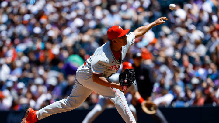 May 26, 2024; Denver, Colorado, USA; Philadelphia Phillies starting pitcher Ranger Suarez (55) pitches in the first inning against the Colorado Rockies at Coors Field.