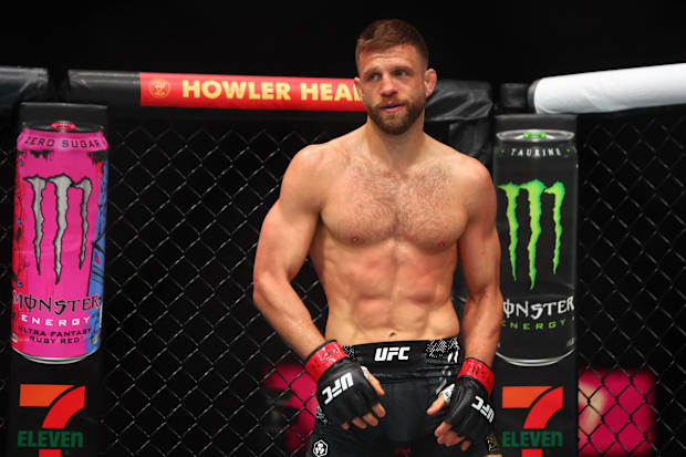 Calvin Kattar fights Aljamain Sterling during UFC 300 at T-Mobile Arena. 