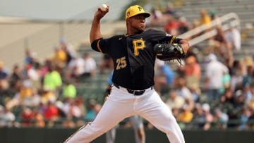 Mar 1, 2024; Bradenton, Florida, USA; Pittsburgh Pirates pitcher Wily Peralta (25)  throws a pitch during the third inning against the Tampa Bay Rays at LECOM Park. Mandatory Credit: Kim Klement Neitzel-USA TODAY Sports