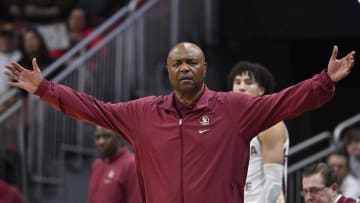 Feb 3, 2024; Louisville, Kentucky, USA; Florida State Seminoles head coach Leonard Hamilton reacts to a call during the second half against the Louisville Cardinals at KFC Yum! Center. Louisville defeated Florida State 101-92. Mandatory Credit: Jamie Rhodes-USA TODAY Sports