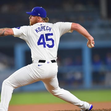 Los Angeles Dodgers pitcher Michael Kopech (45) throws against the Baltimore Orioles during the ninth inning at Dodger Stadium on Aug 27.