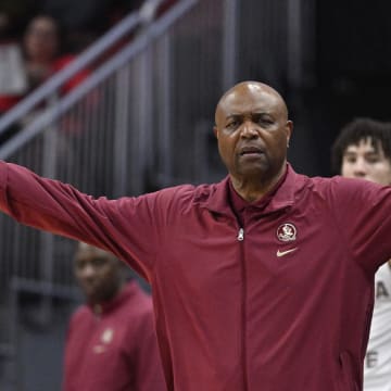 Feb 3, 2024; Louisville, Kentucky, USA; Florida State Seminoles head coach Leonard Hamilton reacts to a call during the second half against the Louisville Cardinals at KFC Yum! Center. Louisville defeated Florida State 101-92. Mandatory Credit: Jamie Rhodes-USA TODAY Sports