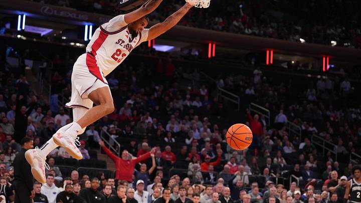 Mar 12, 2026; New York, NY, USA;  St. John's basketball forward Bryce Hopkins (23) dunks against the Providence Friars during the first half at Madison Square Garden.