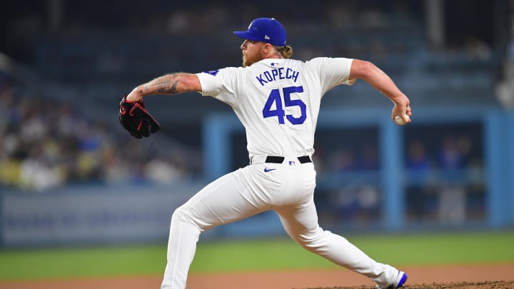 Los Angeles Dodgers pitcher Michael Kopech (45) throws against the Baltimore Orioles during the ninth inning at Dodger Stadium on Aug 27.