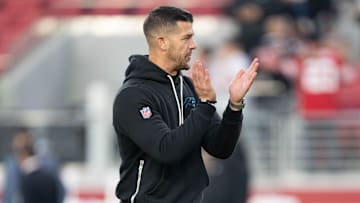 November 24, 2025; Santa Clara, California, USA; Carolina Panthers head coach Dave Canales before the game against the San Francisco 49ers at Levi's Stadium. Mandatory Credit: Kyle Terada-Imagn Images