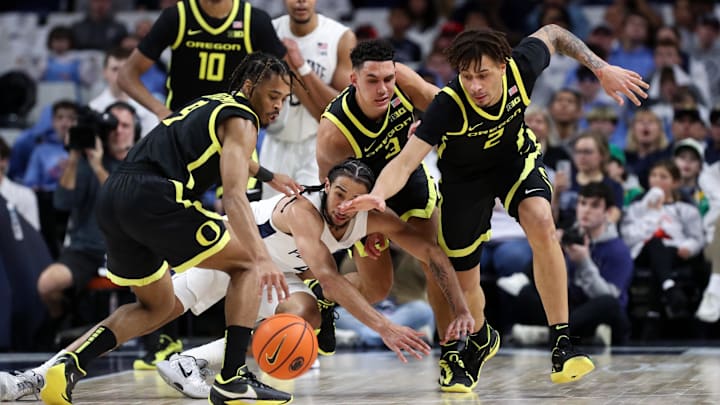 Jan 12, 2025; University Park, Pennsylvania, USA; Penn State Nittany Lions guard Freddie Dilione V (4) loses control of the ball during the second half against the Oregon Ducks at Bryce Jordan Center. Oregon defeated Penn State 82-81. Mandatory Credit: Matthew O'Haren-Imagn Images Jan 12, 2025; University Park, Pennsylvania, USA; Penn State Nittany Lions guard Freddie Dilione V (4) loses control of the ball during the second half against the Oregon Ducks at Bryce Jordan Center. Oregon defeated Penn State 82-81. Mandatory Credit: Matthew O'Haren-Imagn Images