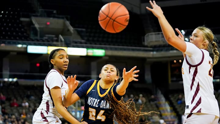 Notre Dame Academy Pandas guard Joslyn Labordeaux-Humphrey looses possession of the ball in the second half of a Kentucky Ninth Region girls basketball final game between the Cooper Lady Jaguars and Notre Dame Academy Pandas, Friday, March 7, 2025, at Truist Arena in Highland Heights, Ky. Lady Jaguars won 60-57.