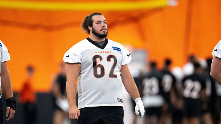 Cincinnati Bengals center Nate Gilliam (66), Cincinnati Bengals center Matt Lee (62) and Cincinnati Bengals offensive tackle Eric Miller (74) look on at Bengals spring practice at the IEL Indoor Facility in Cincinnati on Thursday, June 13, 2024.