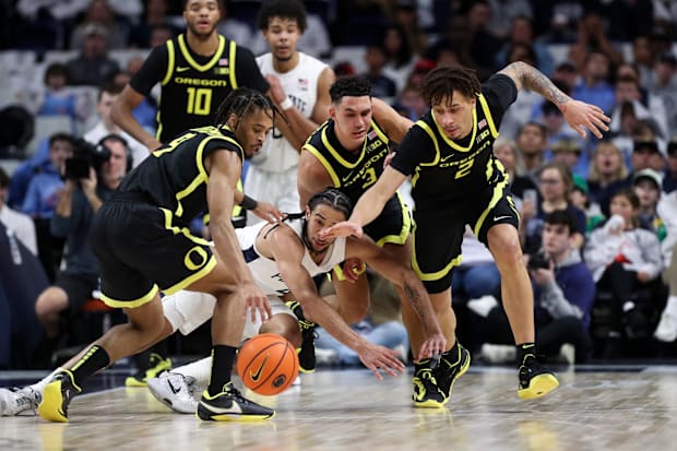 Penn State Nittany Lions guard Freddie Dilione V loses control of the ball during the second half against the Oregon Ducks.