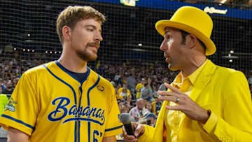 Mr. Beast and Jesse Cole discuss plans during the Savannah Bananas Game. Mr. Beast will be doing a challenge and giveaway of over $100,000 during the Savannah Bananas game!