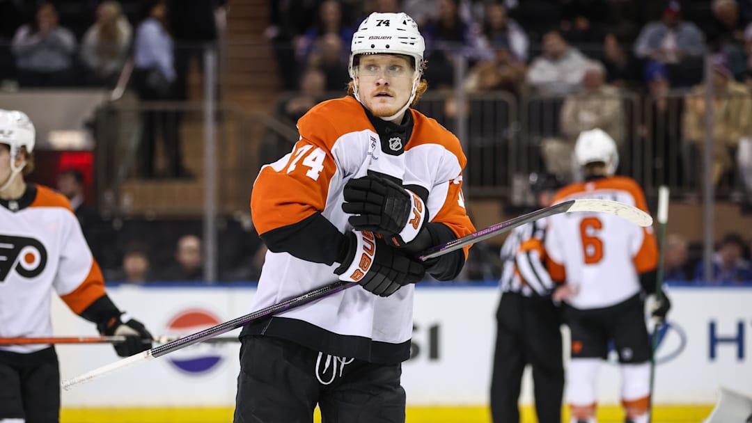 Feb 26, 2026; New York, New York, USA;  Philadelphia Flyers right wing Owen Tippett (74) at Madison Square Garden.