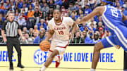 Alabama Crimson Tide forward Mouhamed Dioubate (10) drives to the basket against the Kentucky Wildcats Mar 14, 2025; Nashville, TN, USA;  during the first half at Bridgestone Arena. Mandatory Credit: Steve Roberts-Imagn Images
