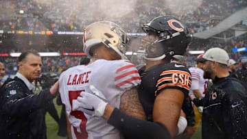 San Francisco 49ers quarterback Trey Lance (L) and Chicago Bears quarterback Justin Fields (R)