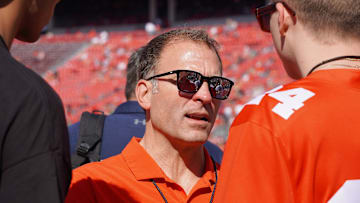 Ohio State athletic director Ross Bjork talks to fans before the Buckeye football team's 35-7 win over Iowa on Saturday, Oct. 5, 2024.