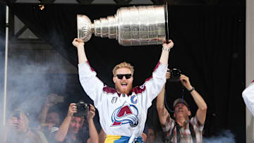 Jun 30, 2022; Denver, Colorado, USA; Colorado Avalanche left wing Gabriel Landeskog (92) during the Stanley Cup Championship Celebration. Mandatory Credit: Ron Chenoy-Imagn Images
