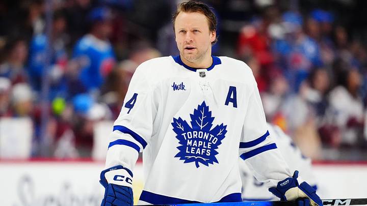 Jan 12, 2026; Denver, Colorado, USA; Toronto Maple Leafs defenseman Morgan Rielly (44) before the game against the Colorado Avalanche at Ball Arena. Mandatory Credit: Ron Chenoy-Imagn Images