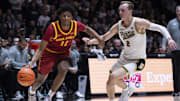Dec 6, 2025; West Lafayette, Indiana, USA; Iowa State Cyclones guard Dominick Nelson (11) dribbles past Purdue Boilermakers guard Fletcher Loyer (2) during the first half at Mackey Arena. Mandatory Credit: Jacob Musselman-Imagn Images