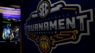The SEC men’s basketball tournament logo Wednesday, March 12, 2025, in Nashville, Tenn.