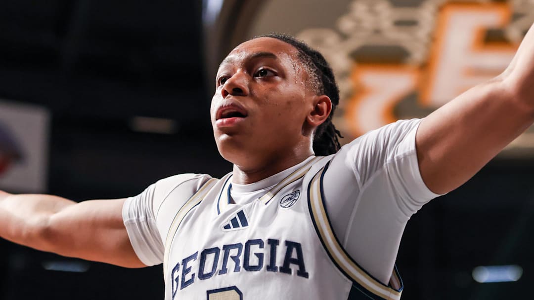 Mar 4, 2026; Atlanta, Georgia, USA; Georgia Tech Yellow Jackets guard Akai Fleming (0) plays defense against the California Golden Bears during the first half at McCamish Pavilion. Mandatory Credit: Jordan Godfree-Imagn Images