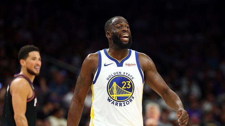 Apr 17, 2026; Phoenix, Arizona, USA; Golden State Warriors forward Draymond Green (23) against the Phoenix Suns during the play-in rounds of the 2026 NBA Playoffs at Mortgage Matchup Center. Mandatory Credit: Mark J. Rebilas-Imagn Images