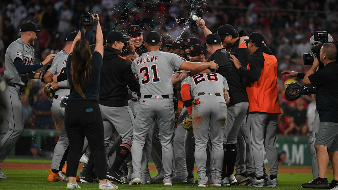 Sep 27, 2025; Boston, Massachusetts, USA; The Detroit Tigers celebrate their playoff berth after defeating the Boston Red Sox at Fenway Park. Mandatory Credit: Bob DeChiara-Imagn Images