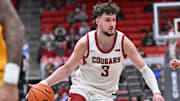 Jan 4, 2025; Pullman, Washington, USA; Washington State Cougars forward Ethan Price (3) controls the ball against the San Francisco Dons in the first half at Friel Court at Beasley Coliseum. Mandatory Credit: James Snook-Imagn Images