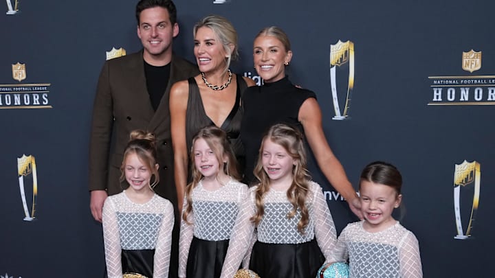 Steve Cundari and Charissa Thompson and Kelly Stafford, the wife of Los Angeles Rams quarterback Matthew Stafford. Mandatory Credit: Kirby Lee-Imagn Images
