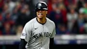 New York Yankees outfielder Juan Soto celebrates after hitting a three-run home run.