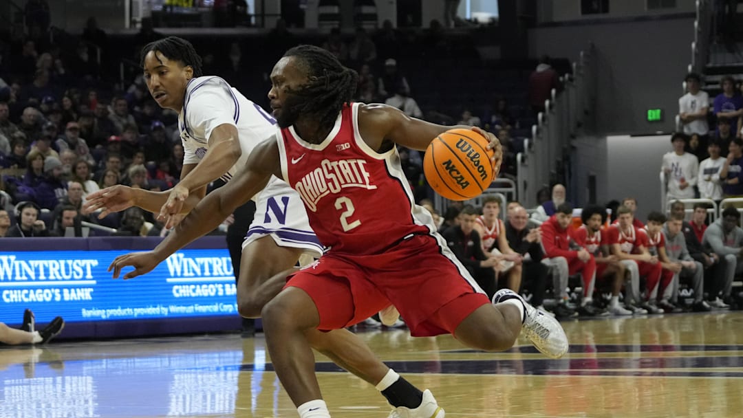 Dec 6, 2025; Evanston, Illinois, USA; Ohio State Buckeyes guard Bruce Thornton (2) drives the ball against the Northwestern Wildcats during the first half at Welsh-Ryan Arena. Mandatory Credit: David Banks-Imagn Images