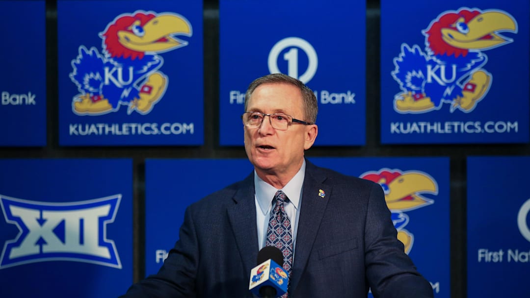 Feb 2, 2019; Lawrence, KS, USA; University of Kansas athletic director Jeff Long issues a statement concerning forward Silvio De Sousa (not pictured) before the game against the Texas Tech Red Raiders at Allen Fieldhouse. Mandatory Credit: Jay Biggerstaff-Imagn Images