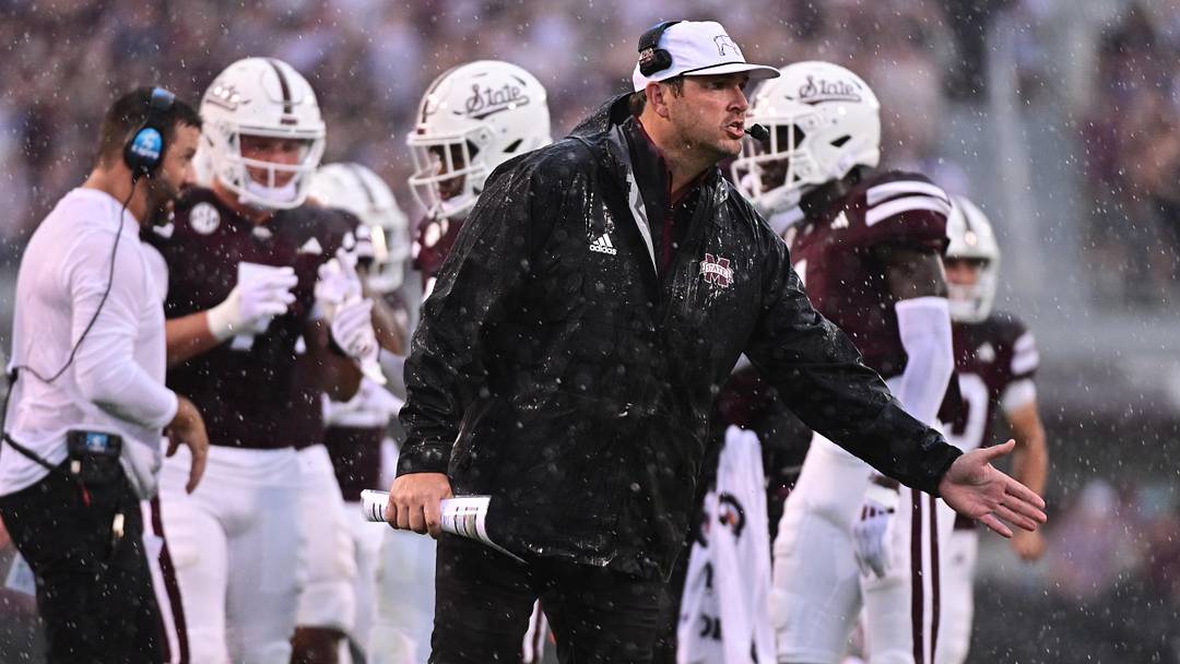 Aug 31, 2024; Starkville, Mississippi, USA; Mississippi State Bulldogs head coach Jeff Lebby reacts during the first quarter of the game against the Eastern Kentucky Colonels at Davis Wade Stadium at Scott Field. Mandatory Credit: Matt Bush-Imagn Images Aug 31, 2024; Starkville, Mississippi, USA; Mississippi State Bulldogs head coach Jeff Lebby reacts during the first quarter of the game against the Eastern Kentucky Colonels at Davis Wade Stadium at Scott Field. Mandatory Credit: Matt Bush-Imagn Images
