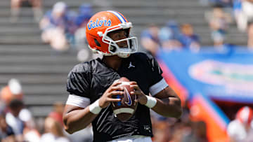 Apr 12, 2025; Gainesville, FL, USA; Florida Gators quarterback DJ Lagway (2) looks to throw before the game at Ben Hill Griffin Stadium. Mandatory Credit: Matt Pendleton-Imagn Images