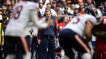 Nov 3, 2024; Glendale, Arizona, USA; Chicago Bears head coach head coach Matt Eberflus against the Arizona Cardinals at State Farm Stadium. Mandatory Credit: Mark J. Rebilas-Imagn Images